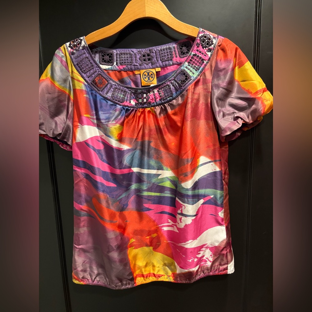 Tory Burch Multicolor Printed Satin Blouse with Embellished Neckline